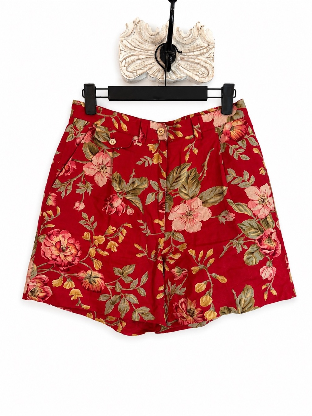 Vintage Ralph Lauren Linen Floral Bermuda Shorts Red Cottagecore 6P